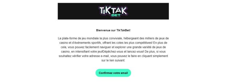 TikTak Bet Casino confirmation création compte